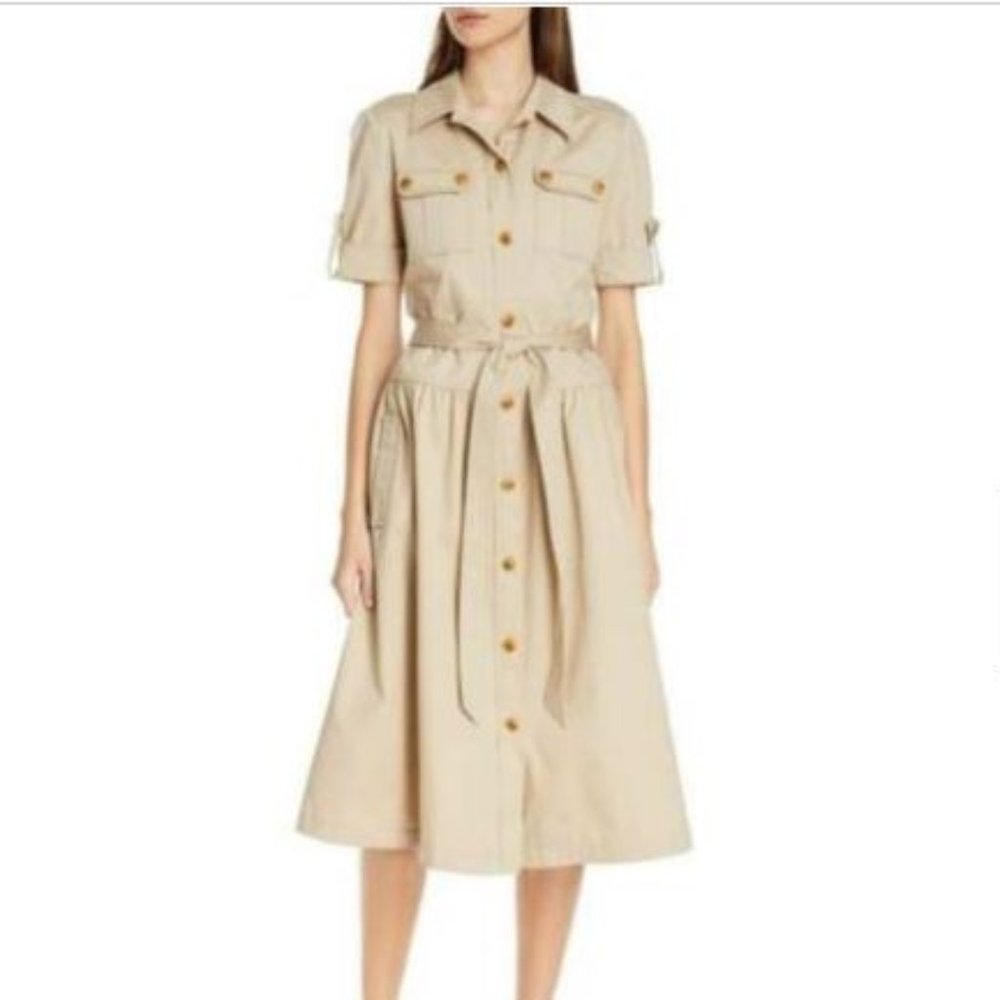 SOLD TORY BURCH Khaki Safari Midi Flare Dress Cotton Twill 8 NEW - Picture 2 of 14